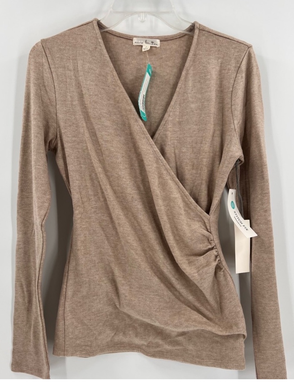 Stitch Fix Nine Britton Tan Long Sleeve Wrap Top S Brushed Knit Workwear - Picture 2 of 6